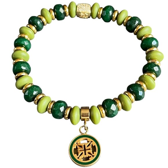 Rustic Cuff Jewelry - Rustic Cuff  Dark Green Jade Faceted Beads & Silicone Logo Stretch Bracelet